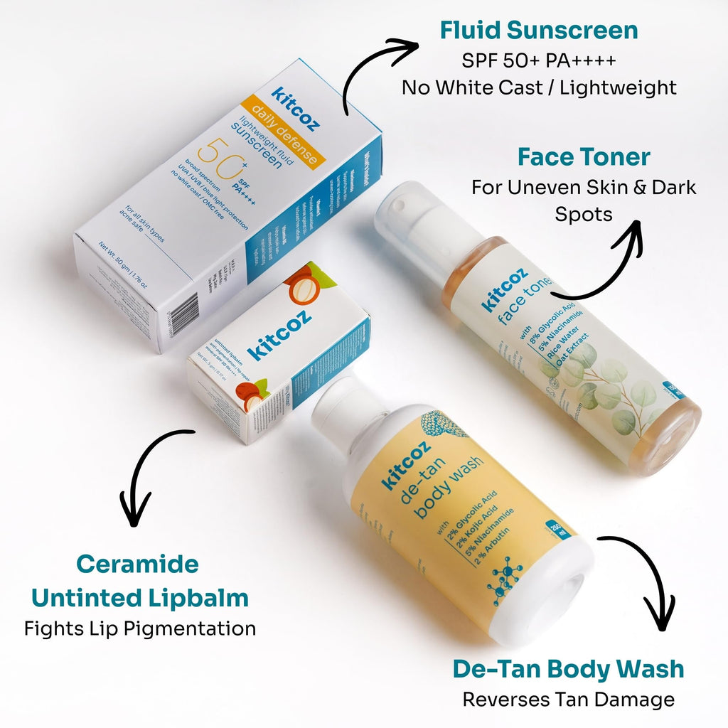 Kitcoz Detan & Pigmentation Control Routine Combo | Tan Reduction, Skin Renewal & SPF 50 Protection 