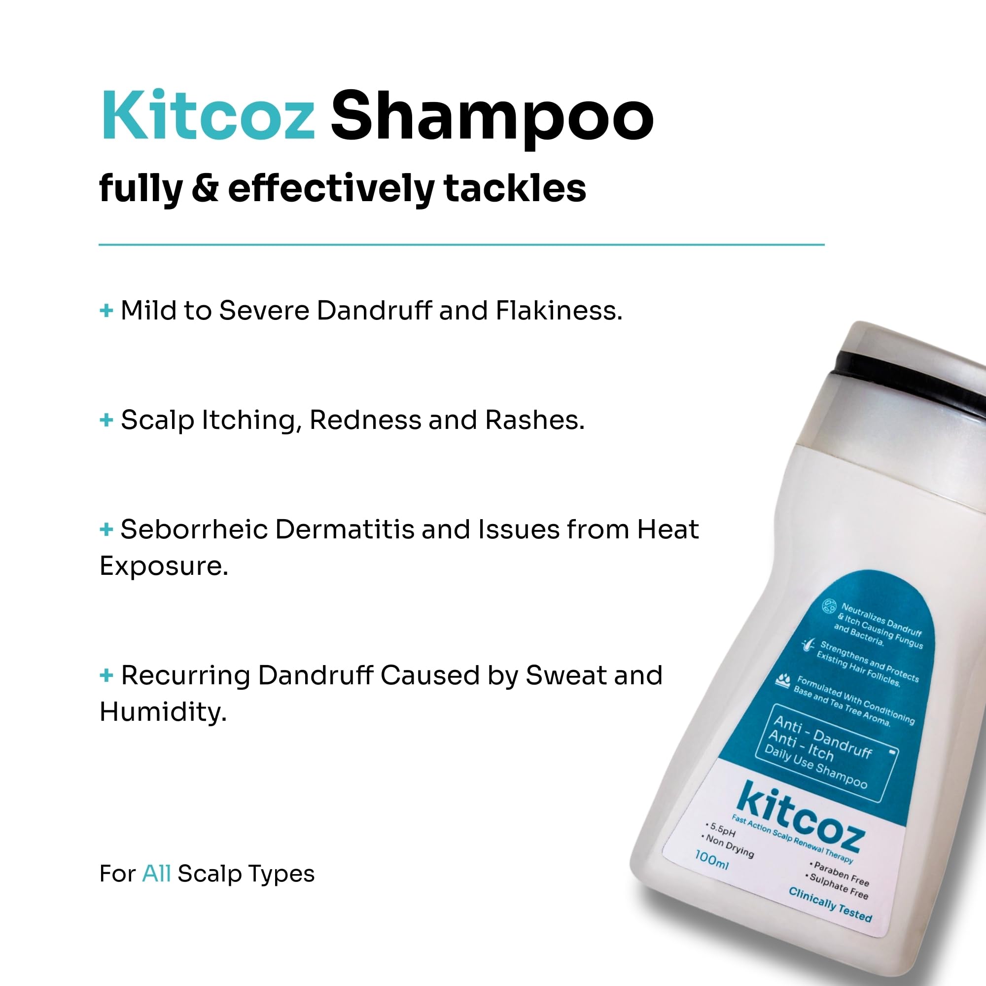 Kitcoz Daily Anti Dandruff & Anti Itch Shampoo (Non-Drying) with Ceramide Complex & Salicylic Acid (