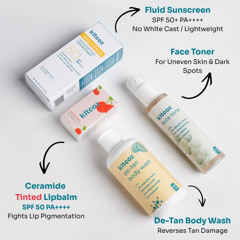 Kitcoz Sun Damage Reversal Routine Combo | De-Tan Cleansing, Skin Renewal & SPF 50 Protection | De-T